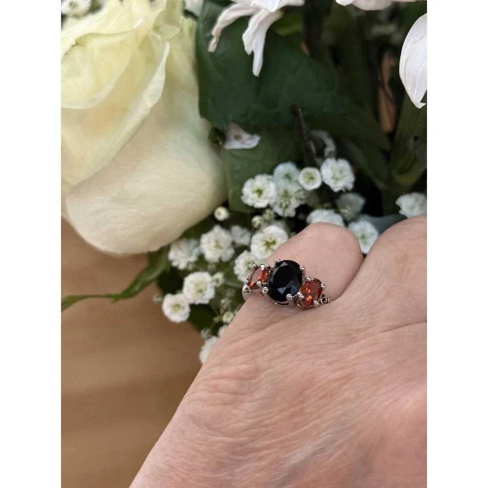 2.73 Cttw Onyx and Garnet 3 Stone‎ Ring For Women | 925 Sterling Silver |